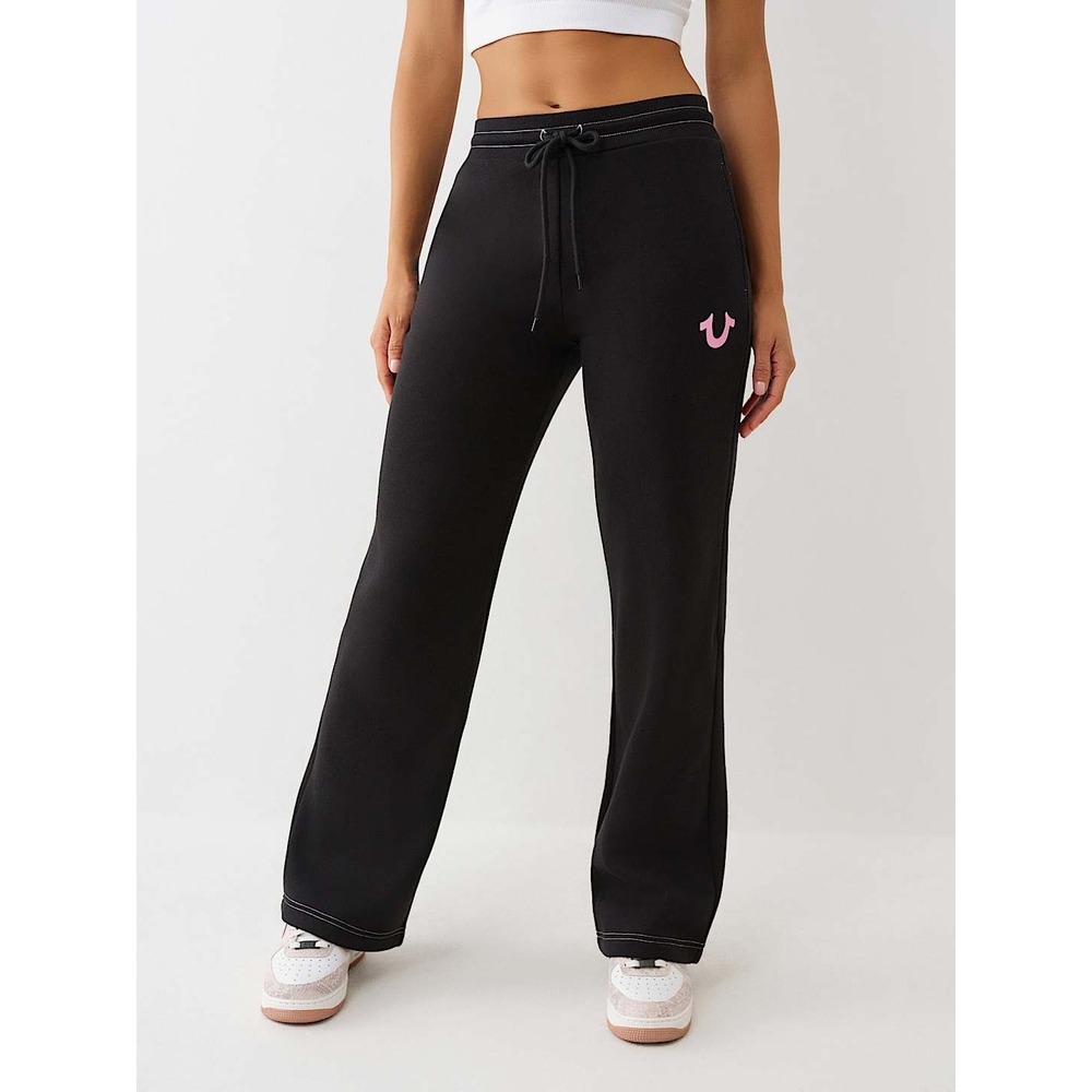 True Religion Womens Jet Black HS Straight Leg Sweatpants‎ Pink Logo XL 600426
